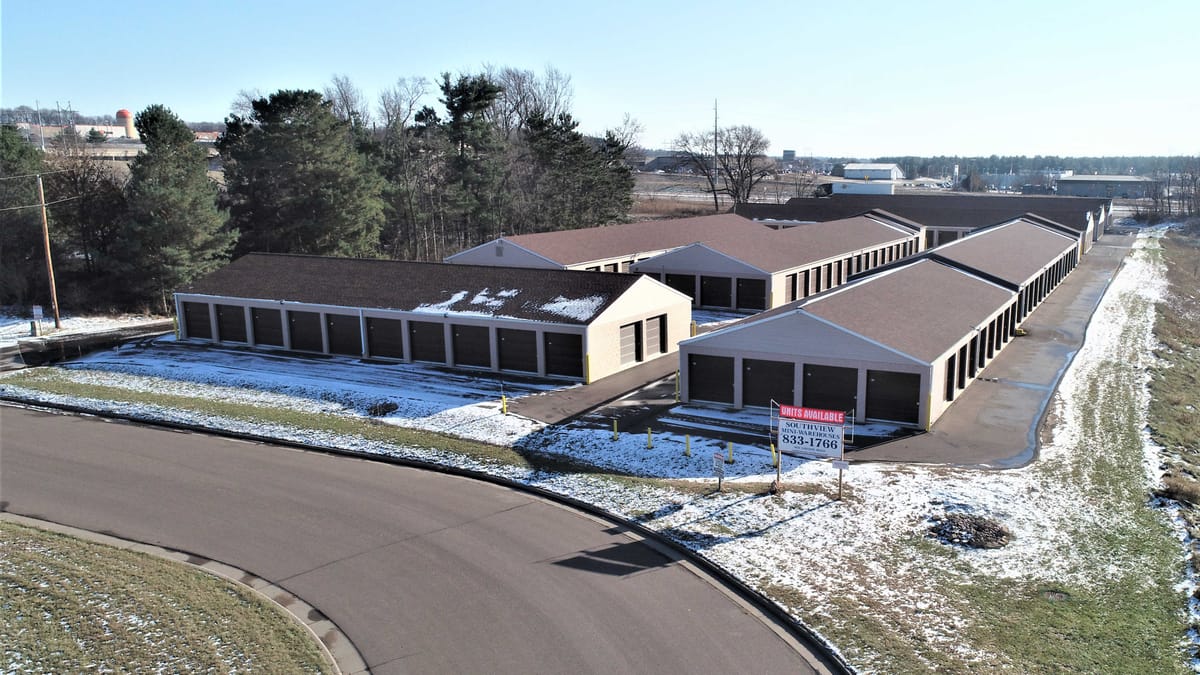Southview Mini Warehouses in Eau Claire, Wisconsin — aerial view of the drive aisles