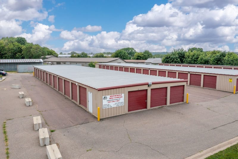 Riverfront Mini Storage in Mankato, Minnesota — aerial view of the drive aisles