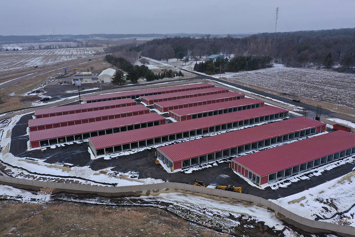 Aerial view of a self-storage facility operated by Droit